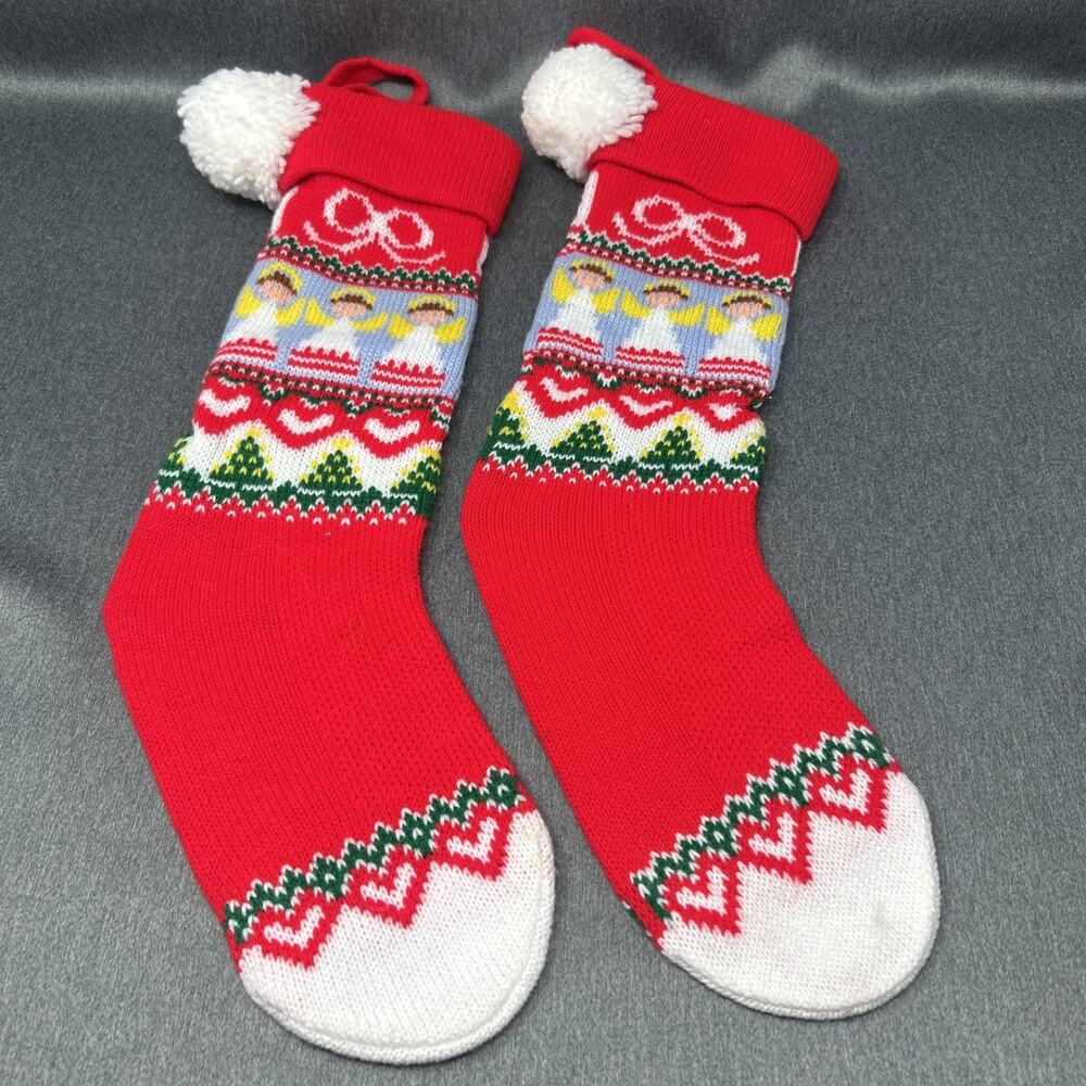 1980s Hallmark Christmas Stockings 2PC Angels Hearts Red White Green Taiwan POMS